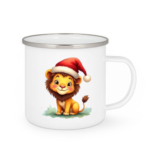 Emailletasse  -  Löwe mit Weihnachtsmütze