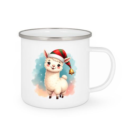 Emailletasse  -  Alpaka mit Weihnachtsmütze