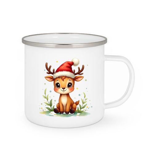 Emailletasse  -  Kleines Rentier mit Weihnachtsmütze